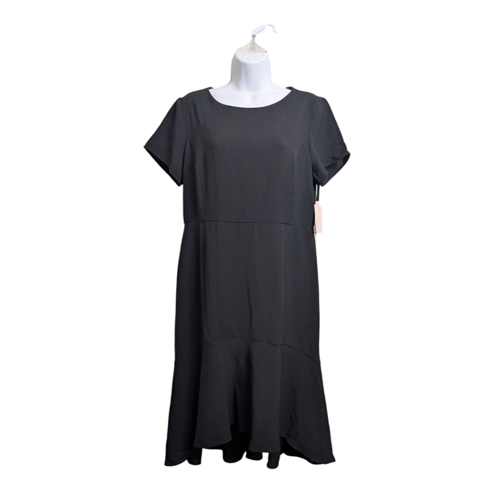 NWT Avec Les Filles Black Shift Dress Round Neck Short Sleeve High-Low Tiered 14